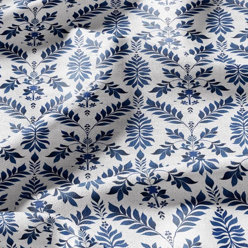 100% LINEN Fabric Abstract floral blue white print - botanical upholstery home textile artisan fabric 3138