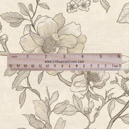 100% LINEN Fabric - beige Wild roses blossom print on white linen - floral botanical French Provence - upholstery sewing dress 2200