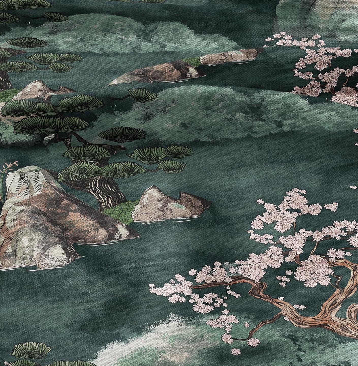 100% LINEN Fabric Zen garden print -  linen fabric with oriental landscape for home decor upholster dressmaking - sakura blossom bonsai