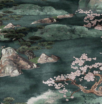 100% LINEN Fabric Zen garden print -  linen fabric with oriental landscape for home decor upholster dressmaking - sakura blossom bonsai