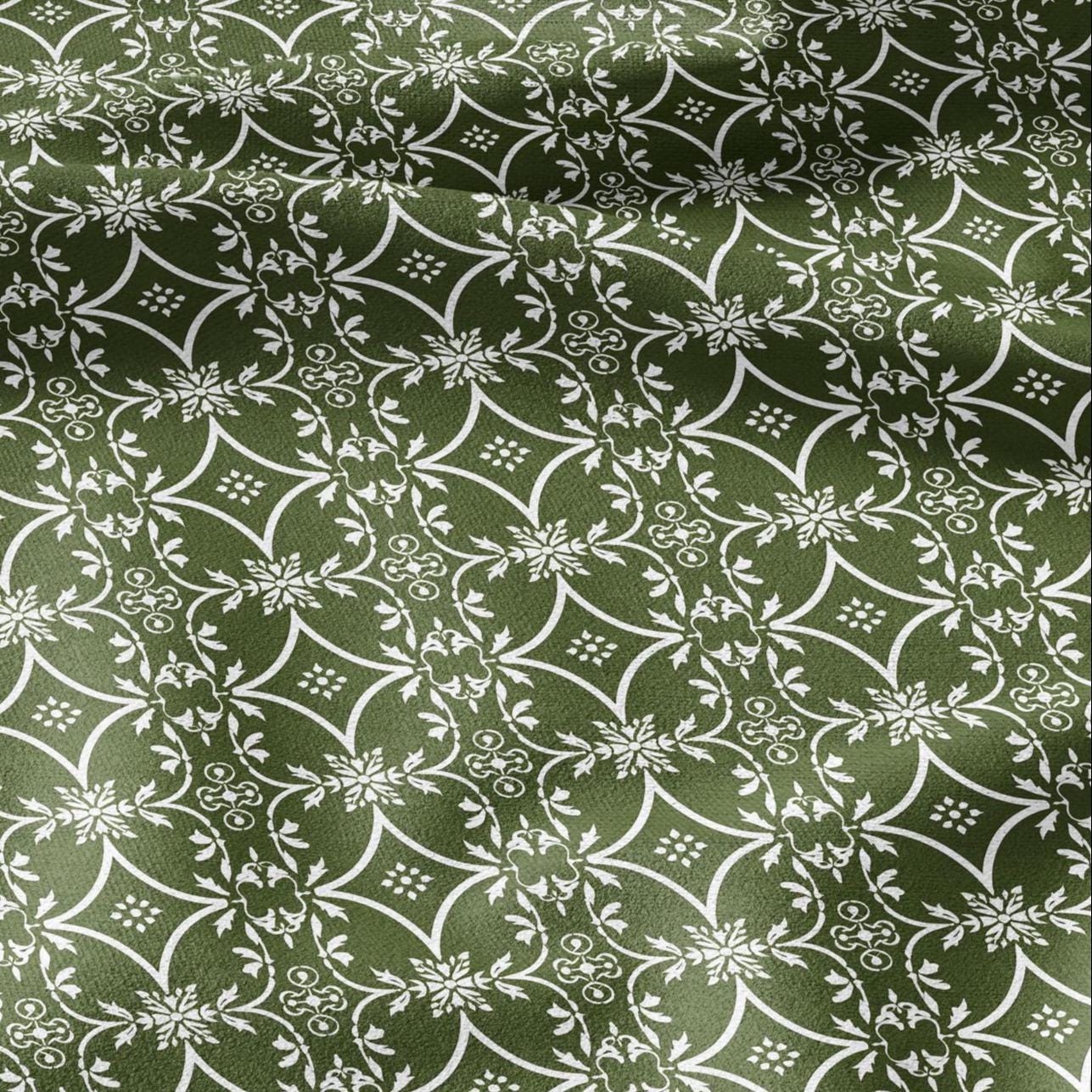 100% LINEN Fabric green floral print - geometric block print -  2874