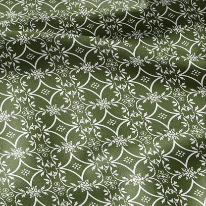 100% LINEN Fabric green floral print - geometric block print -  2874