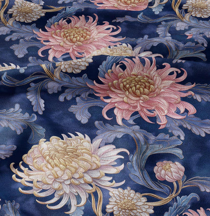 100% LINEN fabric with chrysanthemum print - Victorian Art crafts linen Fabric chinoiserie - Historical upholstery dress making