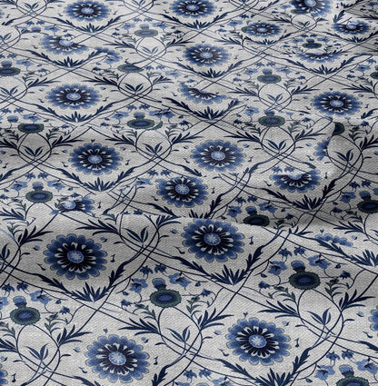 100% LINEN Fabric block print - linen fabric with blue white floral print - heavy linen fabric for upholstery home decor