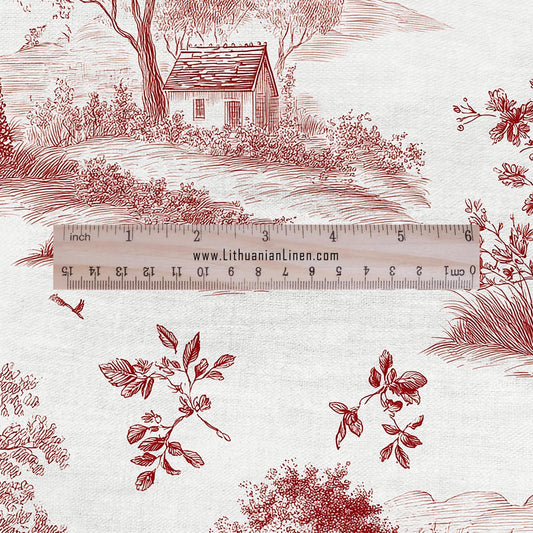 100% LINEN Fabric Countryside landscape - toile de jouy red white print linen heavy for upholstery home decor - medium for dress making 2838