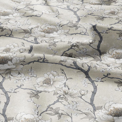 100% LINEN Fabric beige apple blossom print on white linen - floral botanical french linen fabric Provence - linen floral upholstery 2594