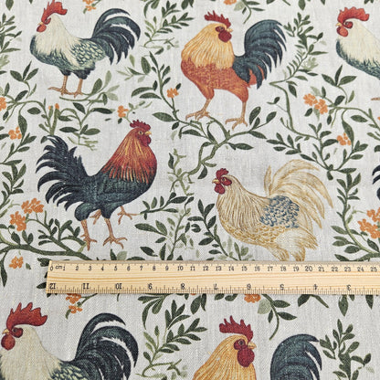 100% LINEN Fabric blue rooster farm on white linen - indigo blue countryside fabric for uphlstery heavy / medium for clothing 2266