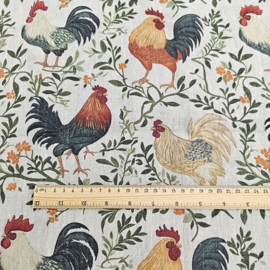 100% LINEN Fabric blue rooster farm on white linen - indigo blue countryside fabric for uphlstery heavy / medium for clothing 2266