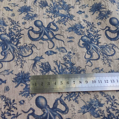 100% LINEN Fabric toile de jouy OCTOPUS Nautical print, oatmeal natur linen fabric with blue coastal print for upholstery home decor