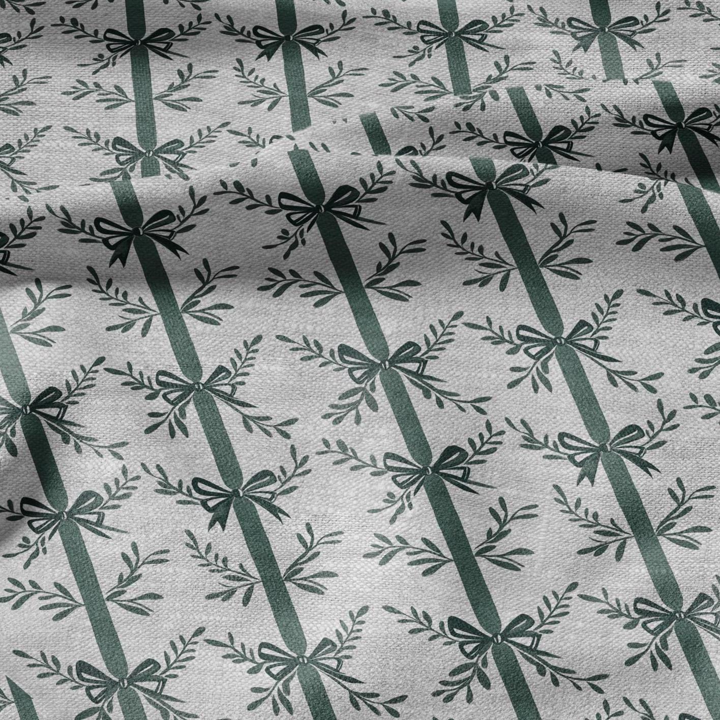 100% LINEN Fabric stripe bow holidays block print on oatmeal linen - French linen floral upholstery 2129