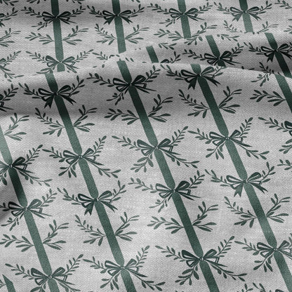 100% LINEN Fabric stripe bow holidays block print on oatmeal linen - French linen floral upholstery 2129