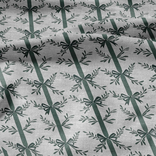 100% LINEN Fabric stripe bow holidays block print on oatmeal linen - French linen floral upholstery 2129