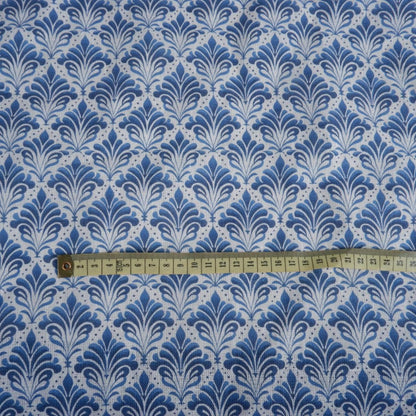 100% LINEN Fabric blue block print on white linen - fleur de lis floral fabric - French linen floral upholstery dressmaking 2053