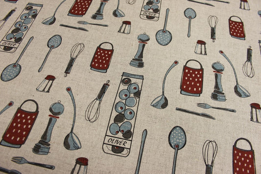 Linen fabric Coffee print Heavy weight 240gsm Kitchen tool print on flax cotton fabric for tablecloth, aprons, home textile