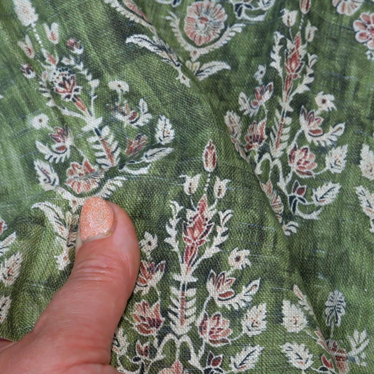 100% LINEN Fabric block print indian green 3658 - oatmeal linen fabric with green floral print decor