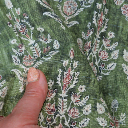100% LINEN Fabric block print indian green 3658 - oatmeal linen fabric with green floral print decor