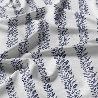 100% LINEN Fabric french blue floral stripe print on white linen - tree leaves on flax fabric for uphlstery heavy / medium for clothing 2580