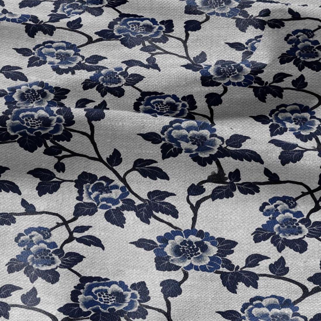 100% LINEN Fabric Block print blue roses - oatmeal linen fabric with japanese print - heavy for home decor clothing 2381