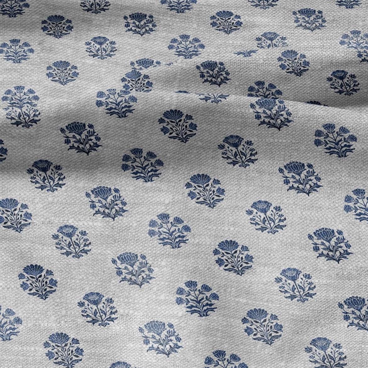 100% LINEN Fabric block print Genda - Indian blue floral linen heavy for upholstery home decor - medium for dress making 2947