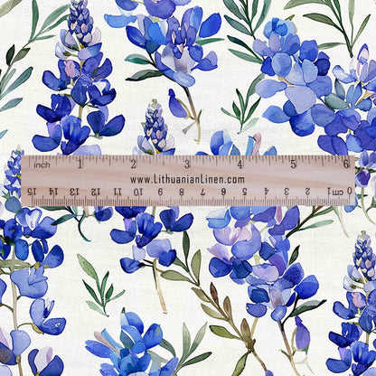 100% LINEN Fabric Blue Lupin print - floral modern - flower blossom upholstery home decor clothing sewing 2972