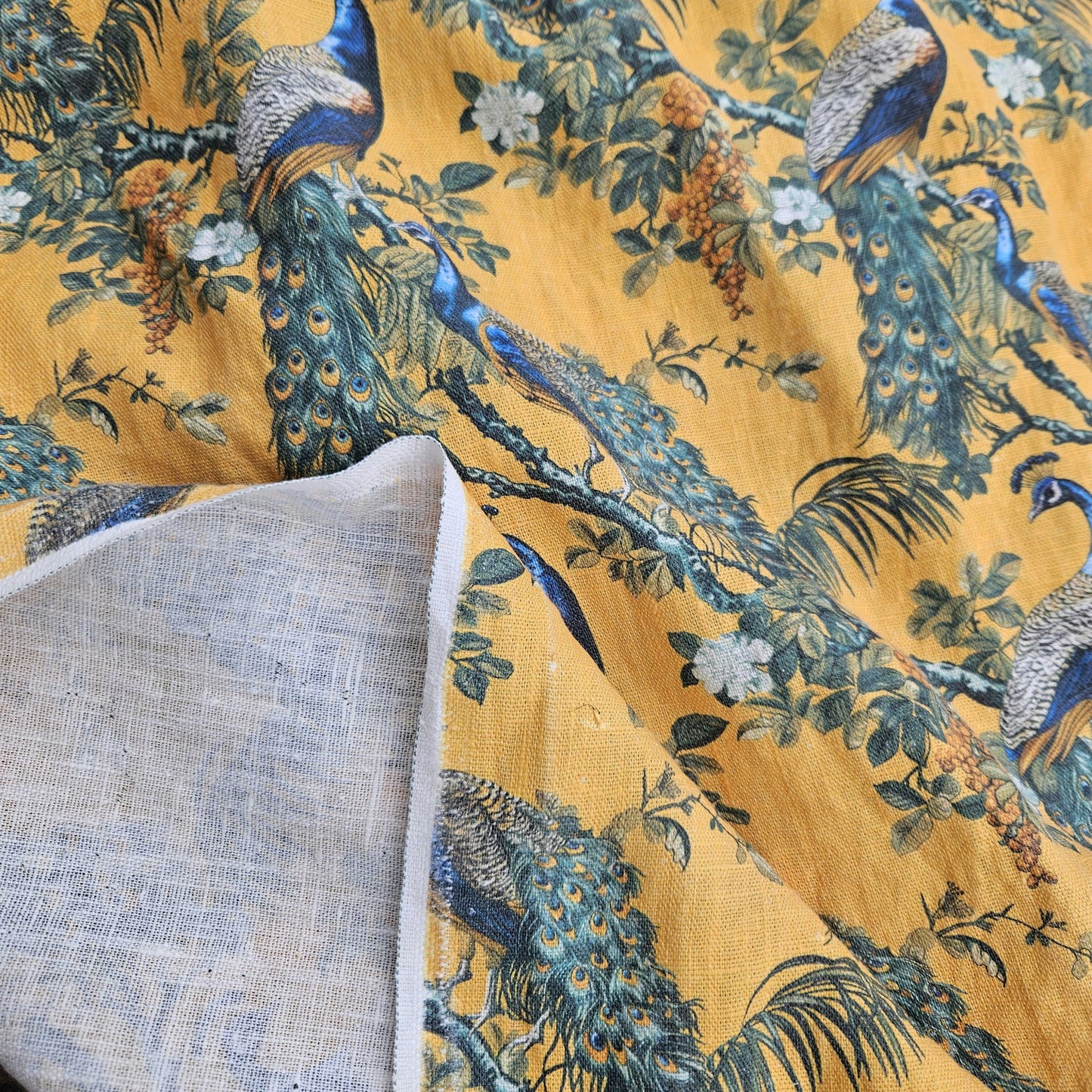 100% LINEN Fabric oriental print with peacock - toile de jouy botanical mustard yellow - upholstery home decor clothing  sewing 316