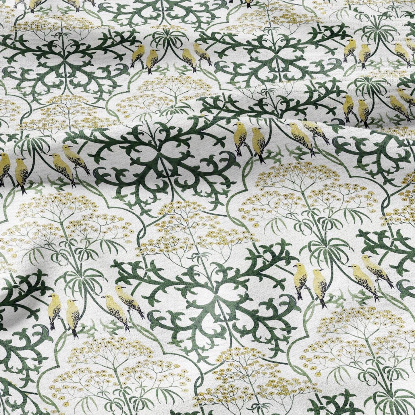 100% linen fabric - Yellow Birds in tansy field by Voysey - Victorian Art crafts - Historical pattern home decor dress making 3003