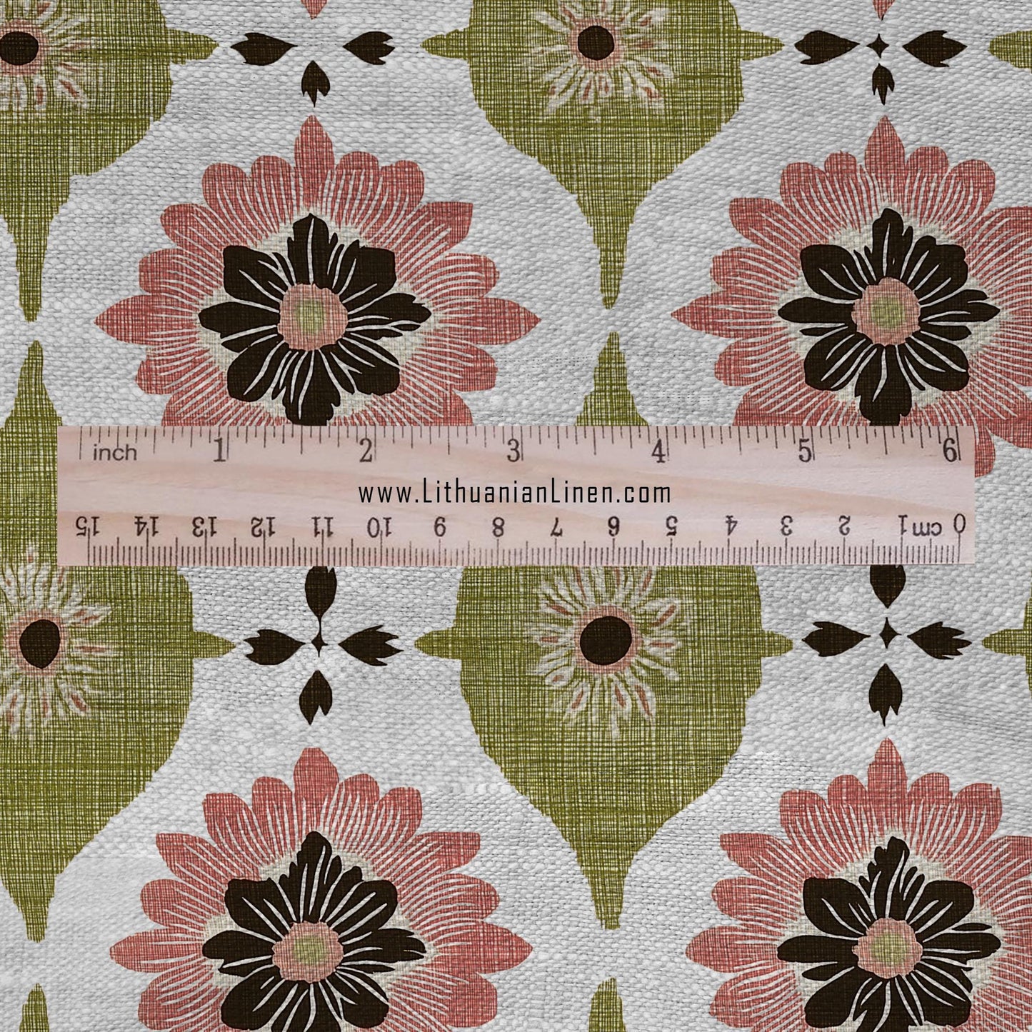 100% LINEN Fabric Retro naive flower print - green pink gray  - for upholstery home decor - medium for dress making 2908