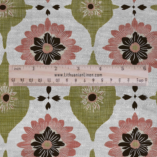 100% LINEN Fabric Retro naive flower print - green pink gray  - for upholstery home decor - medium for dress making 2908