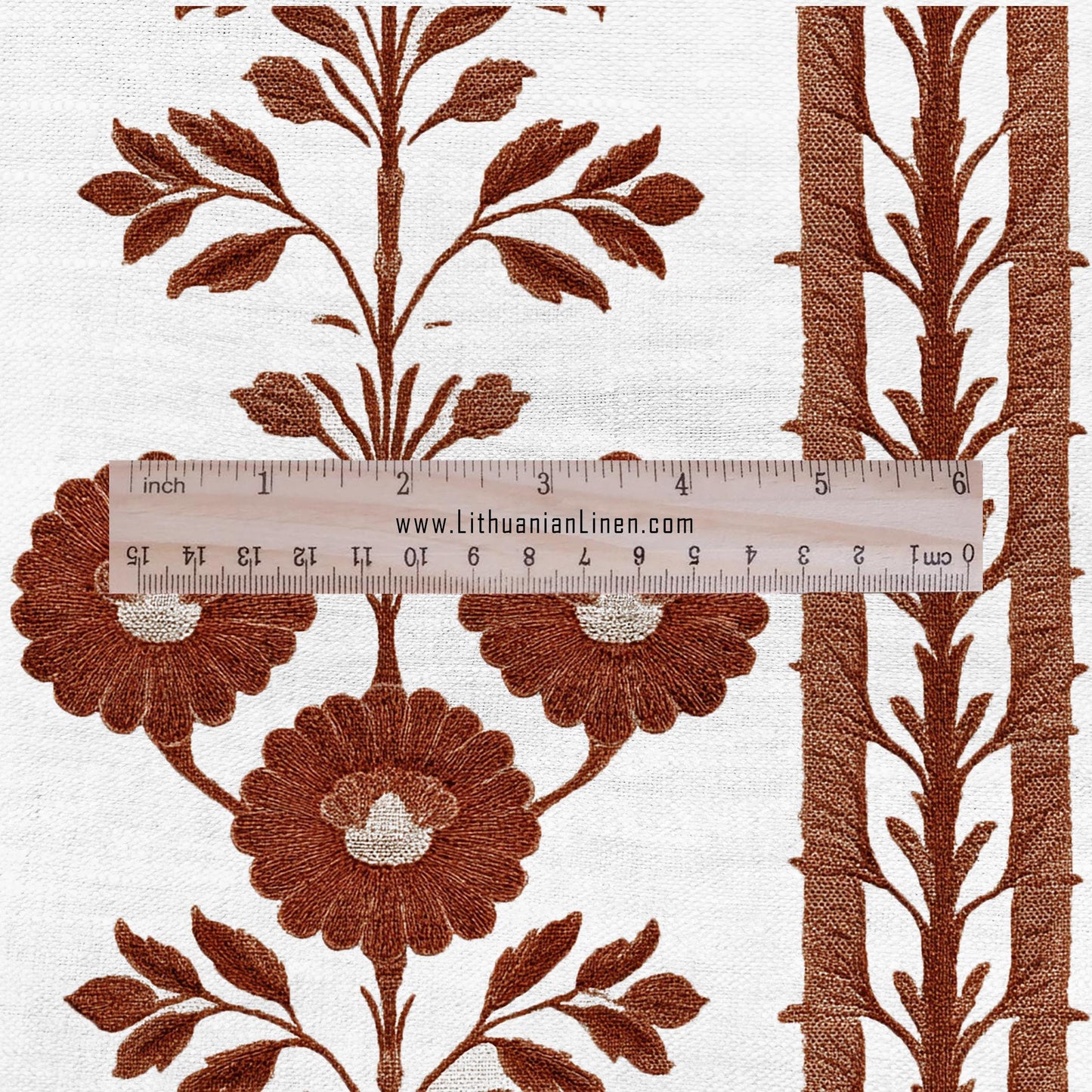 100% LINEN Fabric block print ChairoHana - Japanese brown stripe floral linen heavy for upholstery home decor - medium for dress making 2798