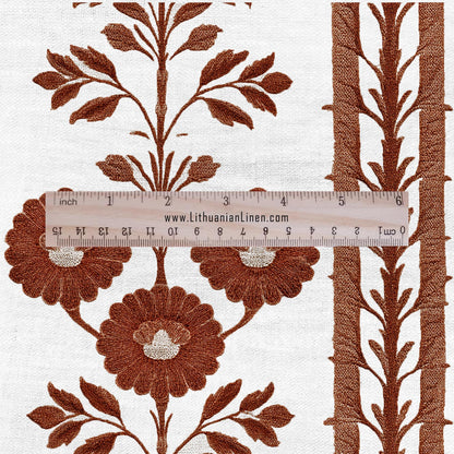 100% LINEN Fabric block print ChairoHana - Japanese brown stripe floral linen heavy for upholstery home decor - medium for dress making 2798