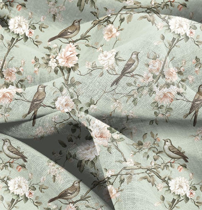 100% LINEN Fabric floral with birds print, heavy linen fabric with pale green print for upholstery home decor curtains pillowcases