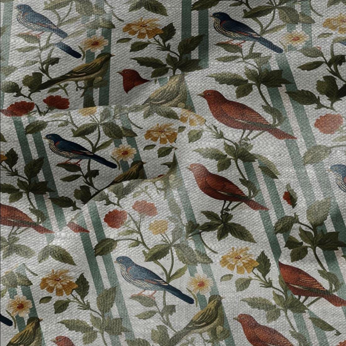 100% LINEN Fabric print Birds print - floral botanical Mid-century  print - heavy for home decor clothing 2745