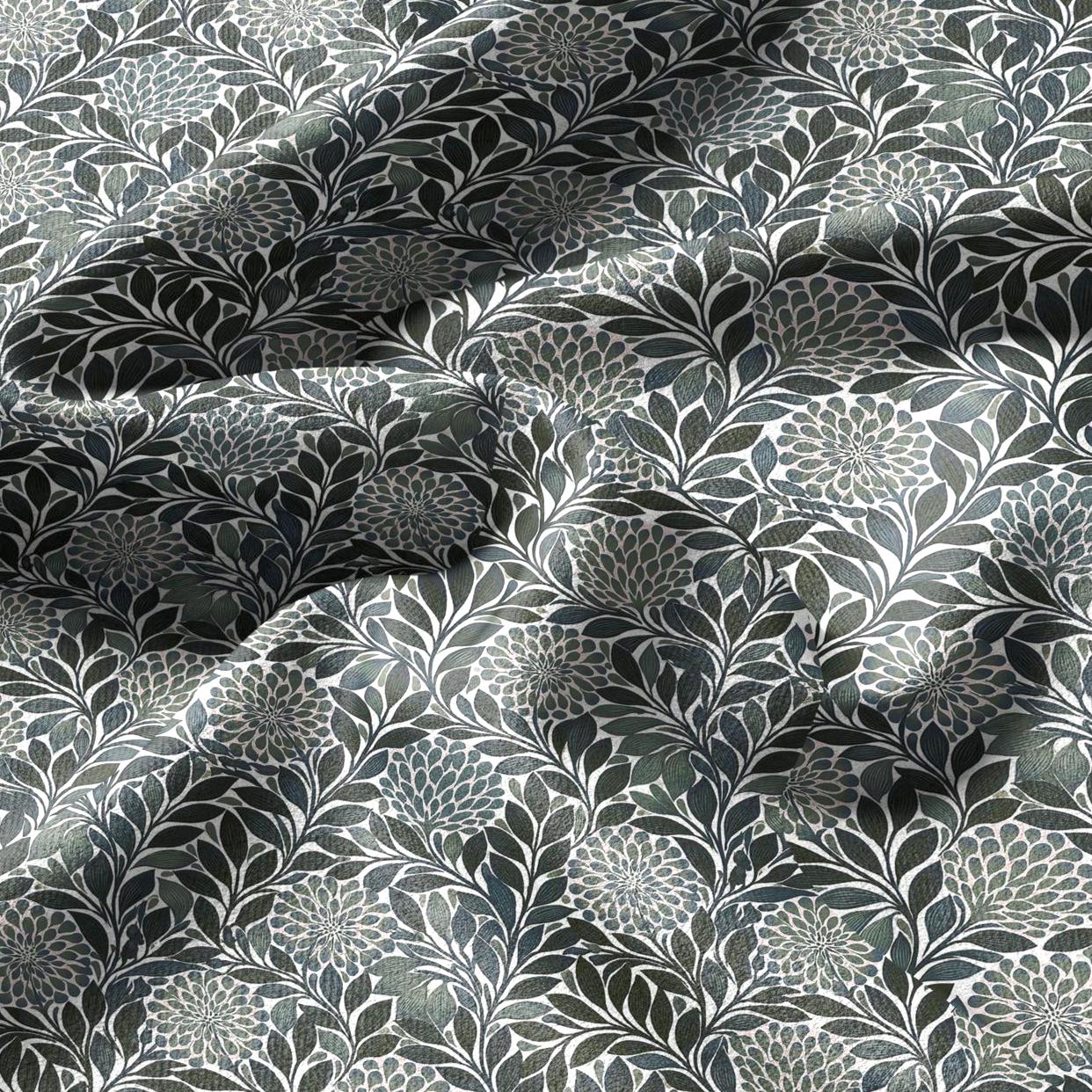 100% linen fabric greenfloral print - Vintage flower blossom botanical - modern vintage 3396