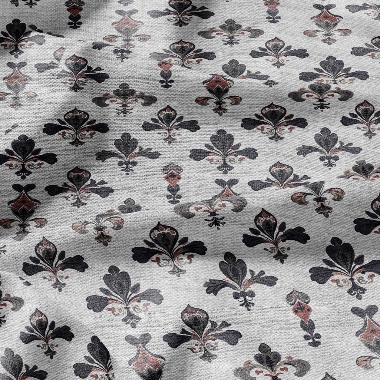 100% LINEN Fabric Fleur de lis print - floral black red gray - for upholstery home decor - medium for dress making 2279