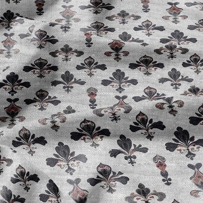 100% LINEN Fabric Fleur de lis print - floral black red gray - for upholstery home decor - medium for dress making 2279