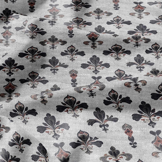100% LINEN Fabric Fleur de lis print - floral black red gray - for upholstery home decor - medium for dress making 2279