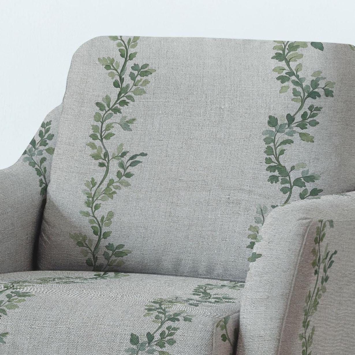 100% LINEN Fabric UPHOLSTERY 12oz - green toile de jouy print on natural linen - Modern vintage Victorian tree leaves stripe upholstery 2709