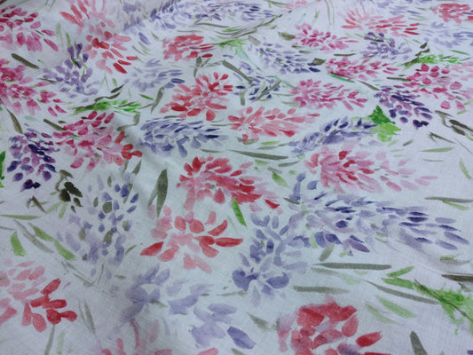 100% linen fabric Medium weight 150gsm  Prewashed . Print watercolor flower Lupin. for blouses, dresses, curtains, scarves,