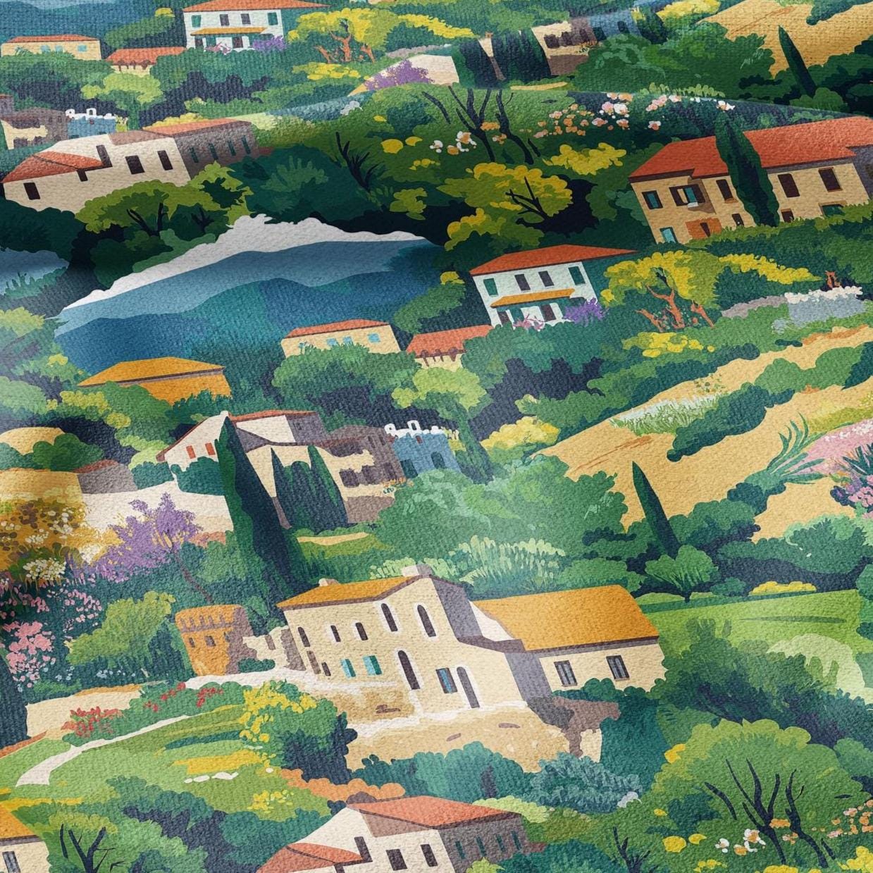 100% LINEN Fabric Catalonia Landscape - town city scenery print - heavy linen fabric for upholstery home decor 2920