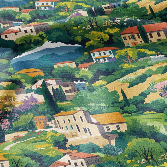 100% LINEN Fabric Catalonia Landscape - town city scenery print - heavy linen fabric for upholstery home decor 2920