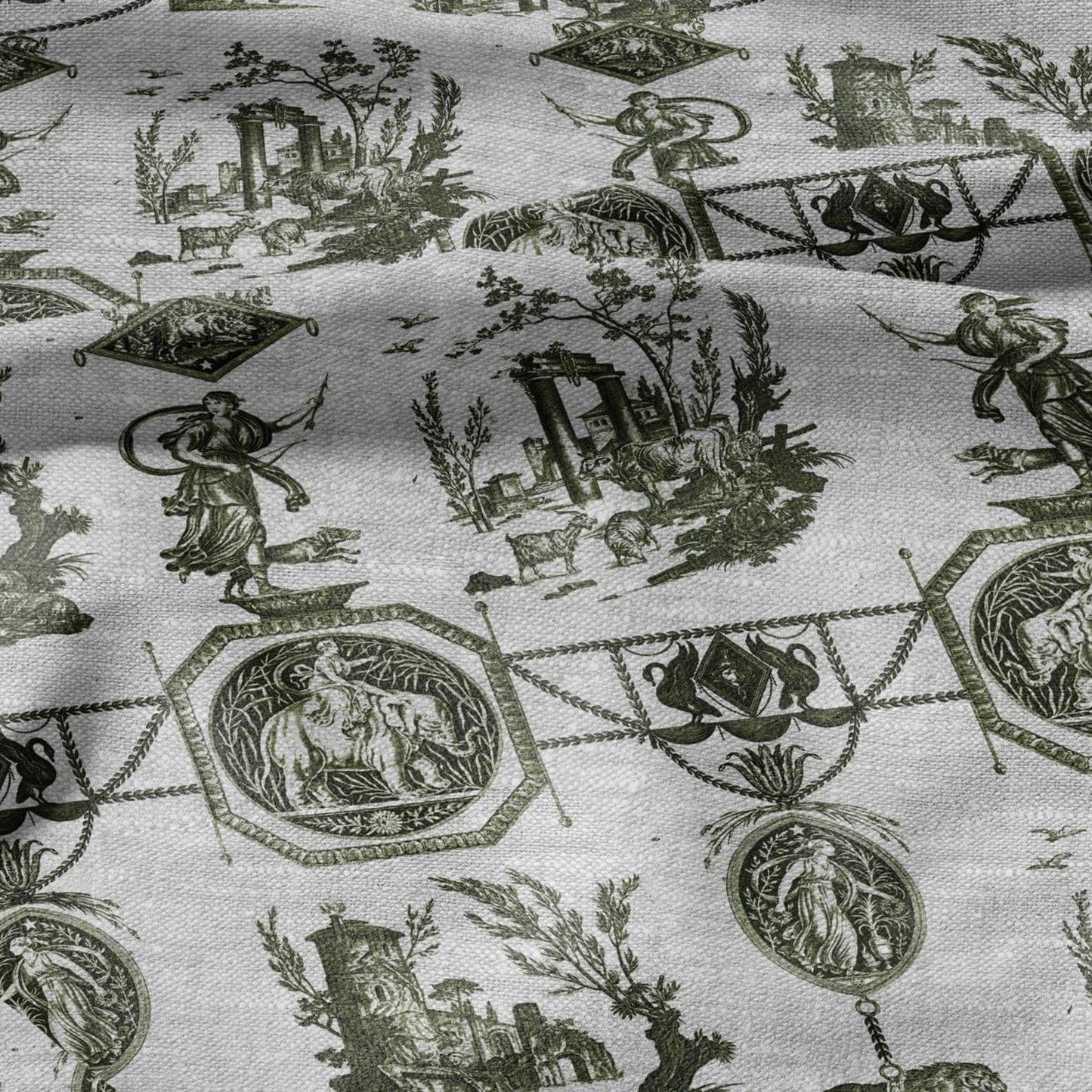 100% LINEN Fabric french green print oatmeal - Goddess Diana with Lion - toile de jouy - Diane chasseresse by Jean-Baptiste Huet 3415
