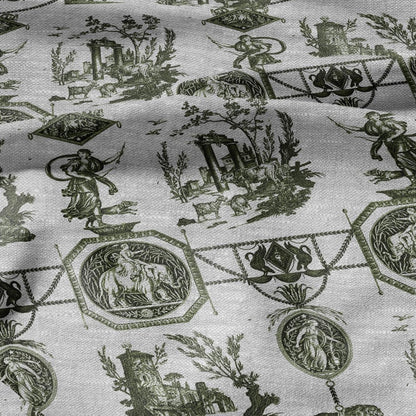 100% LINEN Fabric french green print oatmeal - Goddess Diana with Lion - toile de jouy - Diane chasseresse by Jean-Baptiste Huet 3415