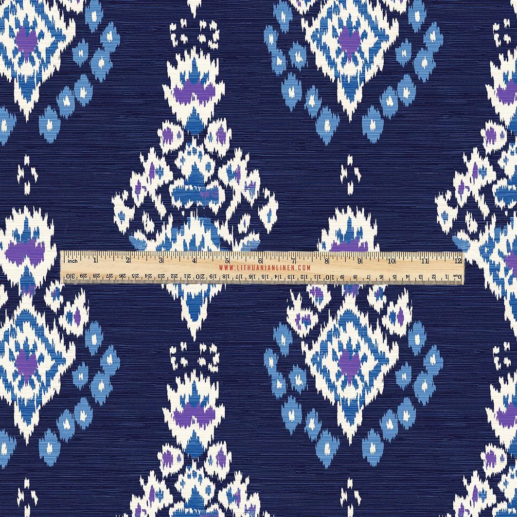 100% LINEN Fabric UPHOLSTERY 12oz - Ikat indigo blue - Modern Vintage Grandmillennial geometric upholstery 2977
