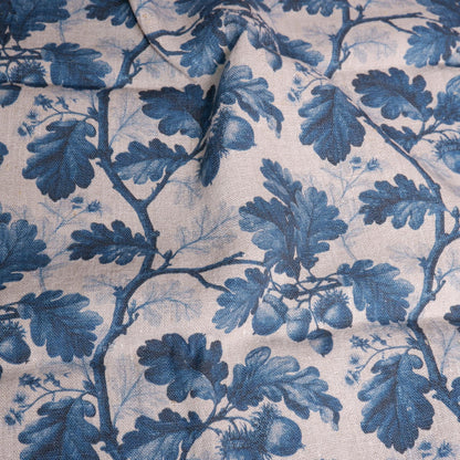 100% LINEN Fabric print Oak leaves with acorn blue grey -  floral botanical print - heavy for upholstery home decor clothing 3712