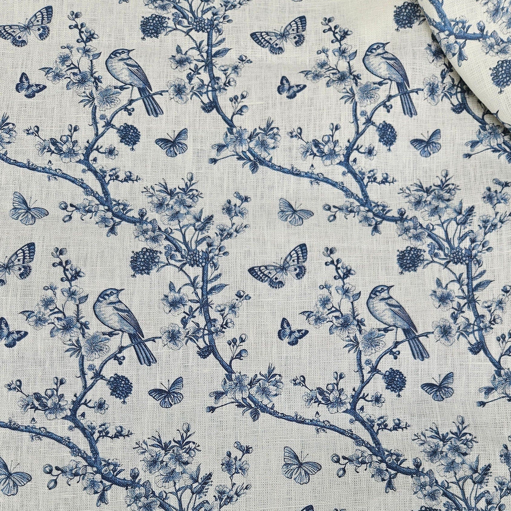 100% LINEN Fabric Toile de Jouy , white botanical fabric with blue indigo print, French linen floral Birds  and butterflies