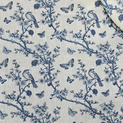 100% LINEN Fabric Toile de Jouy , white botanical fabric with blue indigo print, French linen floral Birds  and butterflies