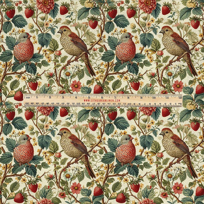 100% LINEN Fabric UPHOLSTERY 12oz - Birds in strawberry field colorful print on linen - berry floral upholstery 349