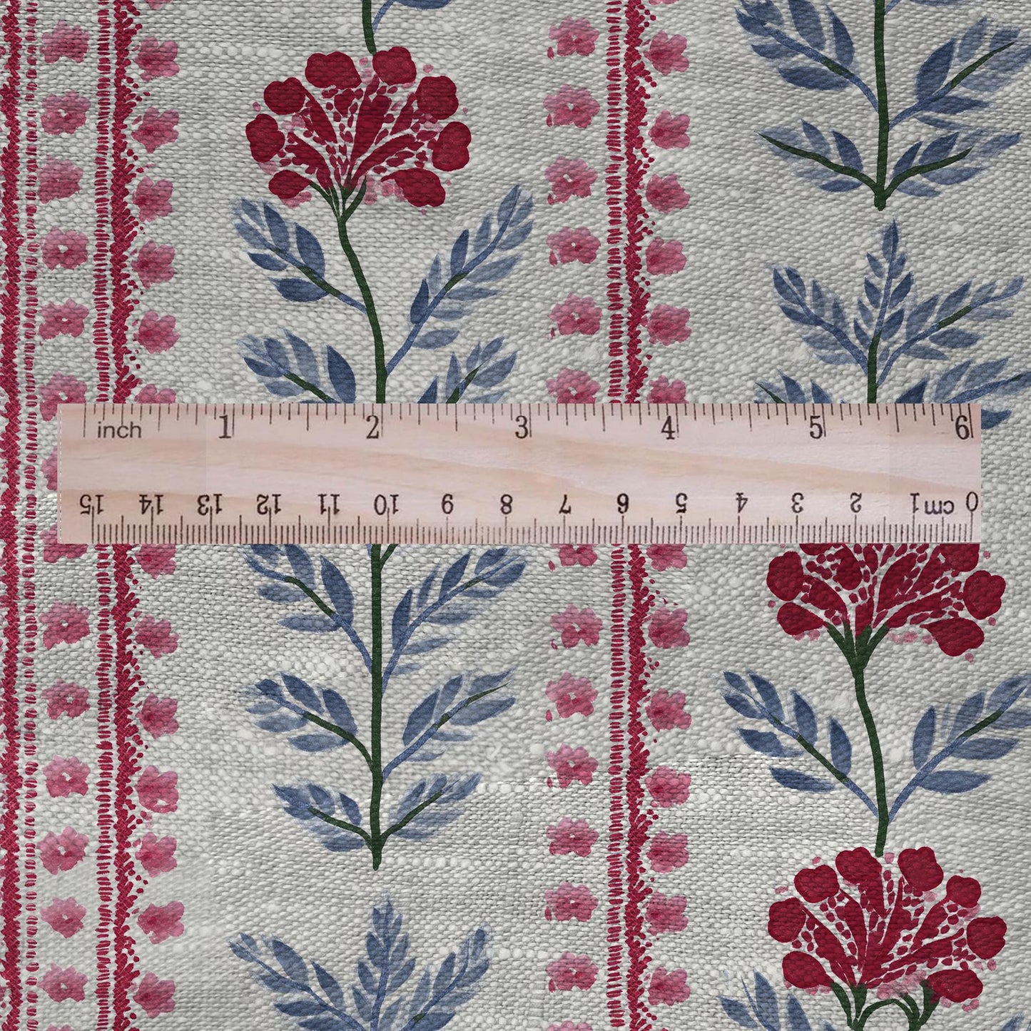 100% LINEN Fabric print Stripe red flower gray - Roses oatmeal linen fabric with botanical print - heavy for home decor clothing 3091