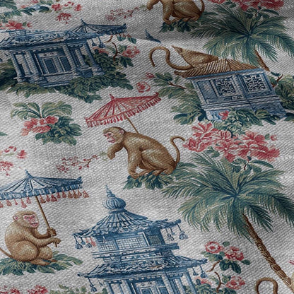 100% LINEN Fabric monkey chinoiserie print - oatmeal linen fabric with chinoiserie print - modern vintage 3338