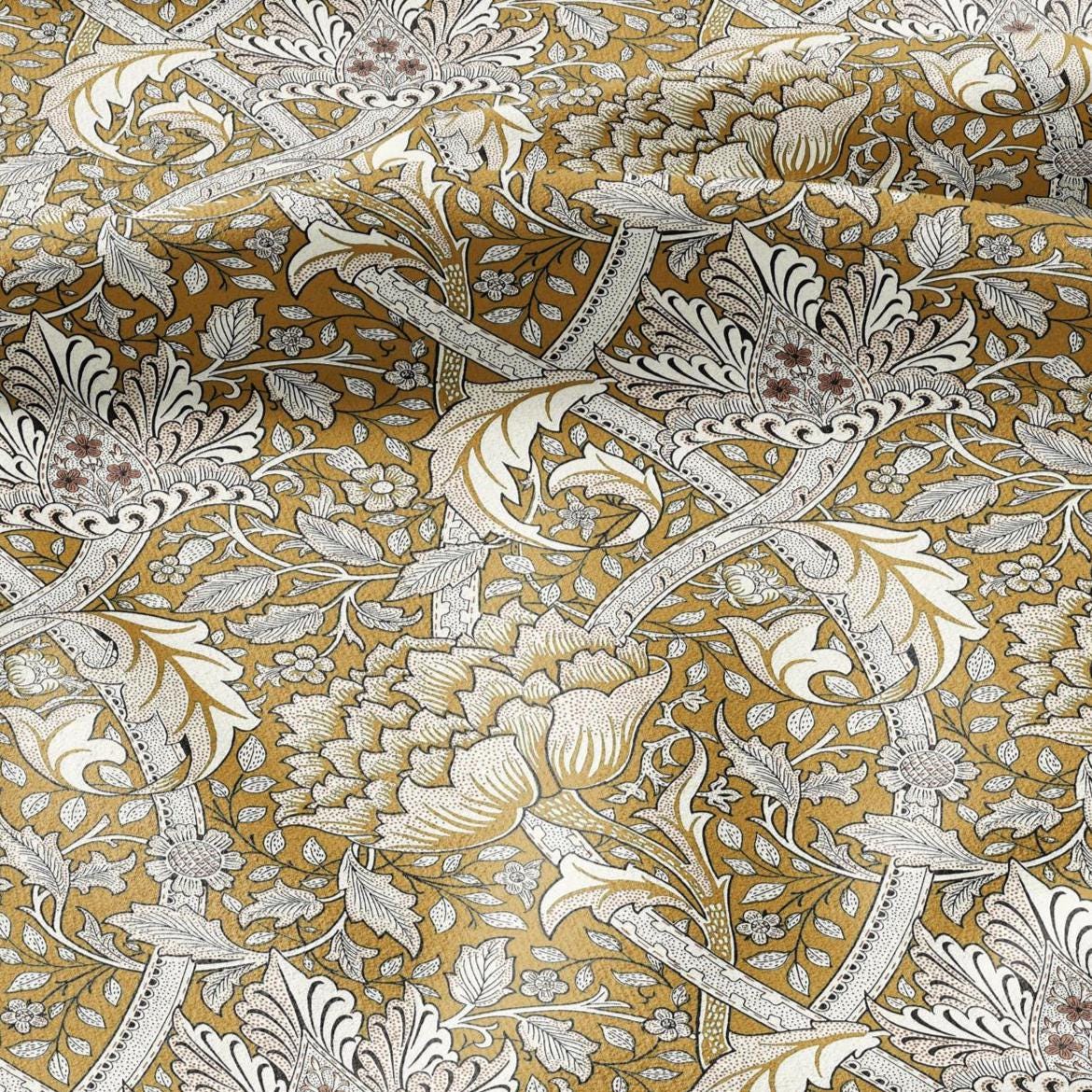 100% LINEN Fabric William Morris windrush mustard yellow print - British linen floral upholstery home textile Victorian fabrics 2735